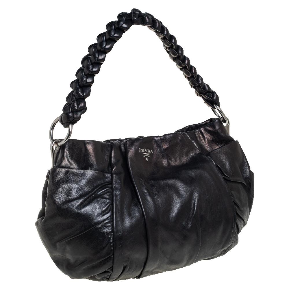 Prada Black Patent Leather Braided Handle Hobo In Good Condition In Dubai, Al Qouz 2