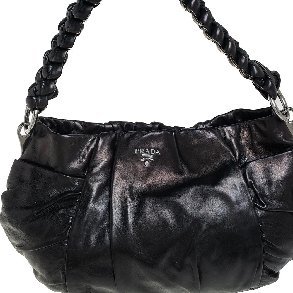 Prada Black Patent Leather Braided Handle Hobo 4