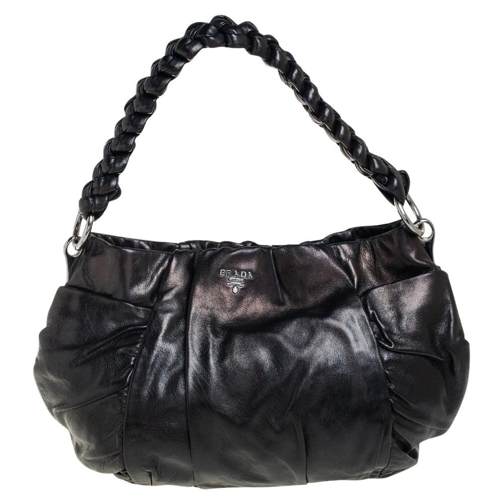 Prada Black Patent Leather Braided Handle Hobo