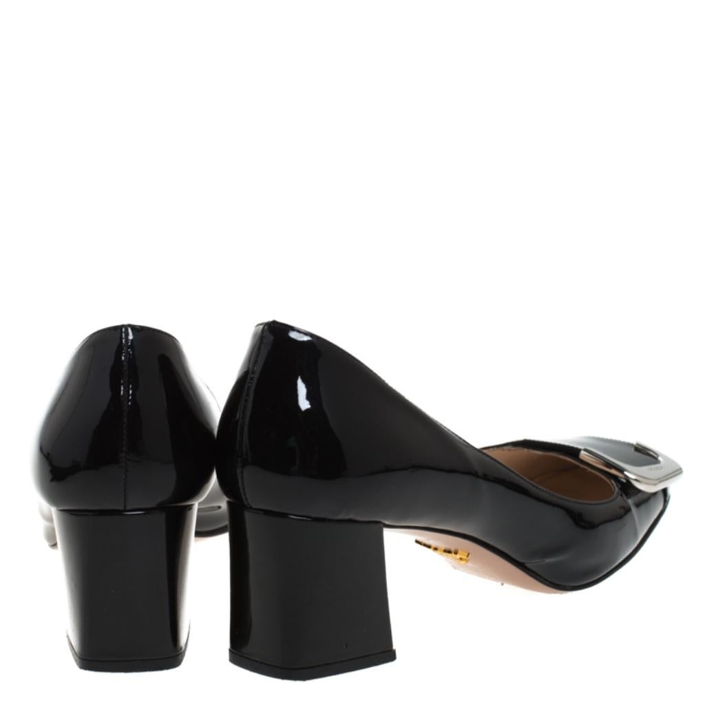 Prada Black Patent Leather Buckle Detail Block Heel Pumps Size 37 In Good Condition In Dubai, Al Qouz 2