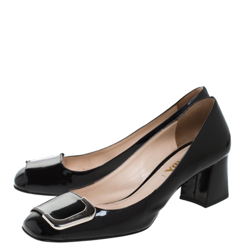 Women's Prada Black Patent Leather Buckle Detail Block Heel Pumps Size 37
