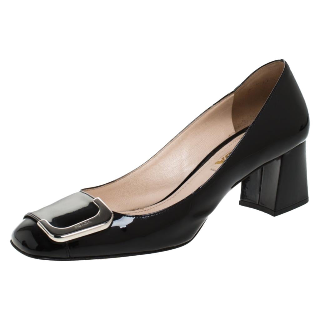 Prada Black Patent Leather Buckle Detail Block Heel Pumps Size 37