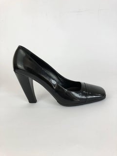 Prada Black Patent Leather Classic Pumps Italian Squared High Heels Shoes, 1990s