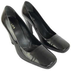 Vintage Prada Black Patent Leather Classic Pumps Italian Squared High Heels Shoes, 1990s