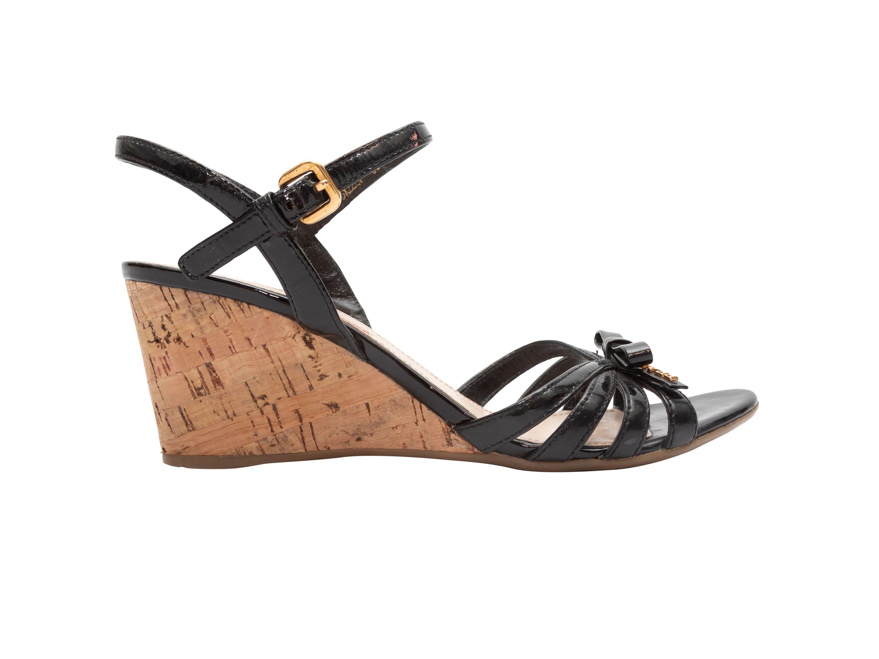 Prada Black Patent Leather & Cork Wedge Sandals 1