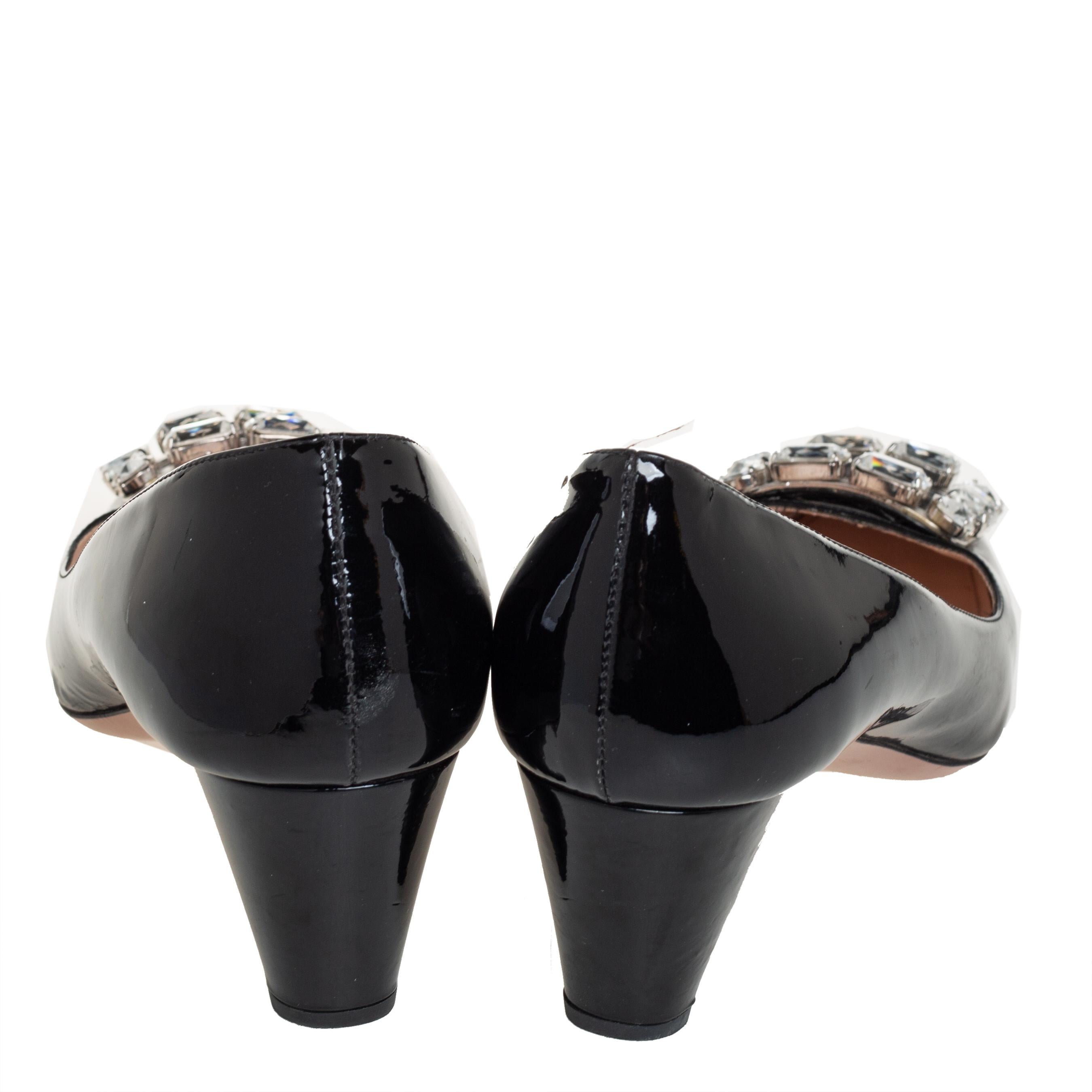 Women's Prada Black Patent Leather Crystal Buckle Pumps Size 40