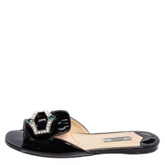 Prada Black Patent Leather Crystal Embellished Flats Size 39