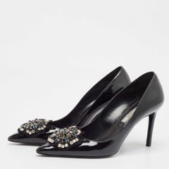 Prada Black Patent Leather Crystal Embellished Pointed Toe Pumps Size 38