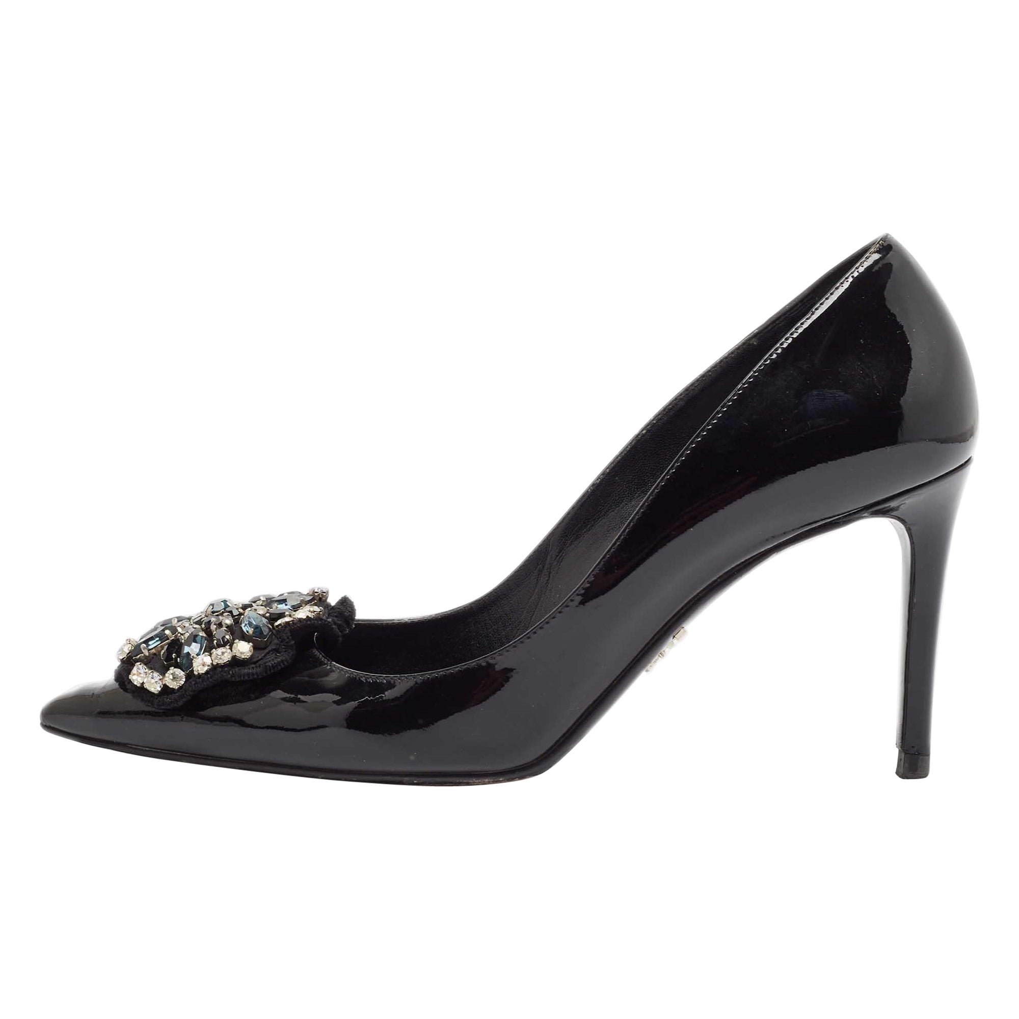 Prada Black Patent Leather Crystal Embellished Pointed Toe Pumps Size 38