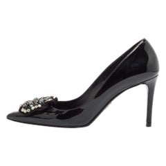 Prada Black Patent Leather Crystal Embellished Pointed Toe Pumps Size 38