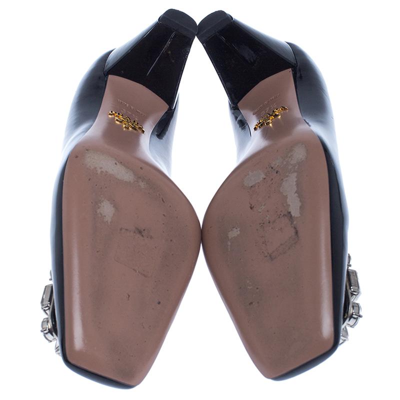 Prada Black Patent Leather Embellished Square Toe Pumps Size 37.5 2