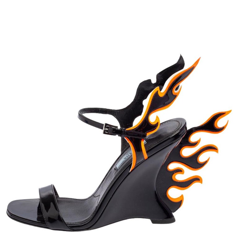 Prada Black Patent Leather Flame Ankle Strap Wedge Sandals Size 38 at  1stDibs | prada flame heels, black patent sandals, black patent leather  sandals