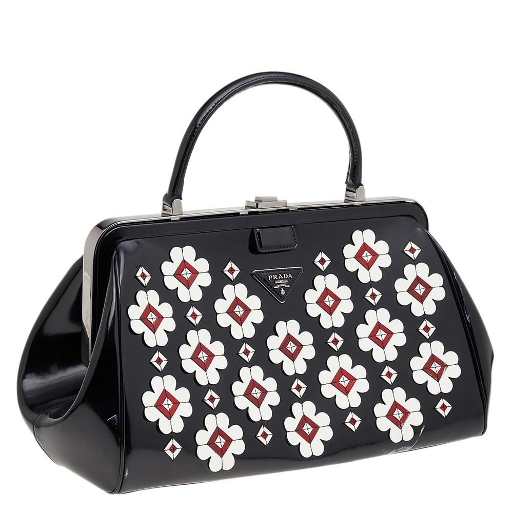 Prada Black Patent Leather Floral Hinge Top Handle Bag 4