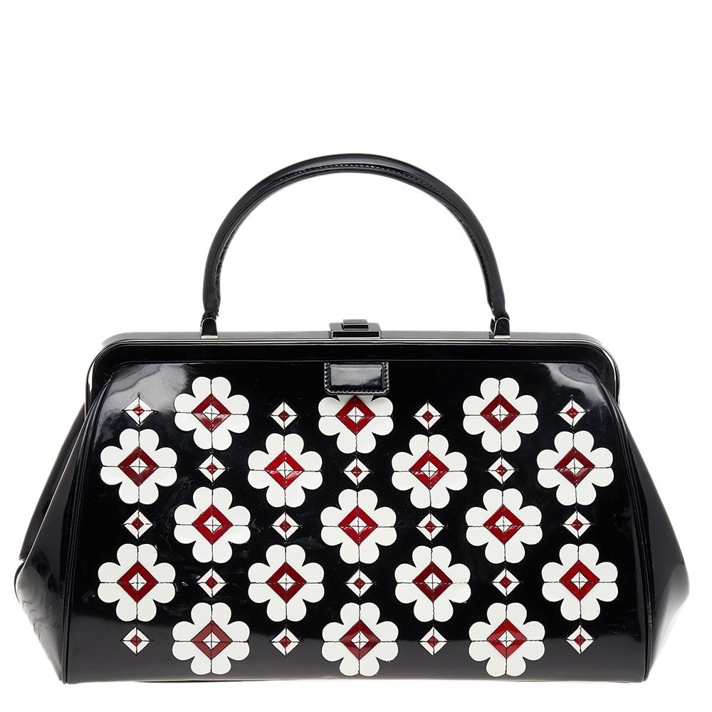 Prada Black Patent Leather Floral Hinge Top Handle Bag 5