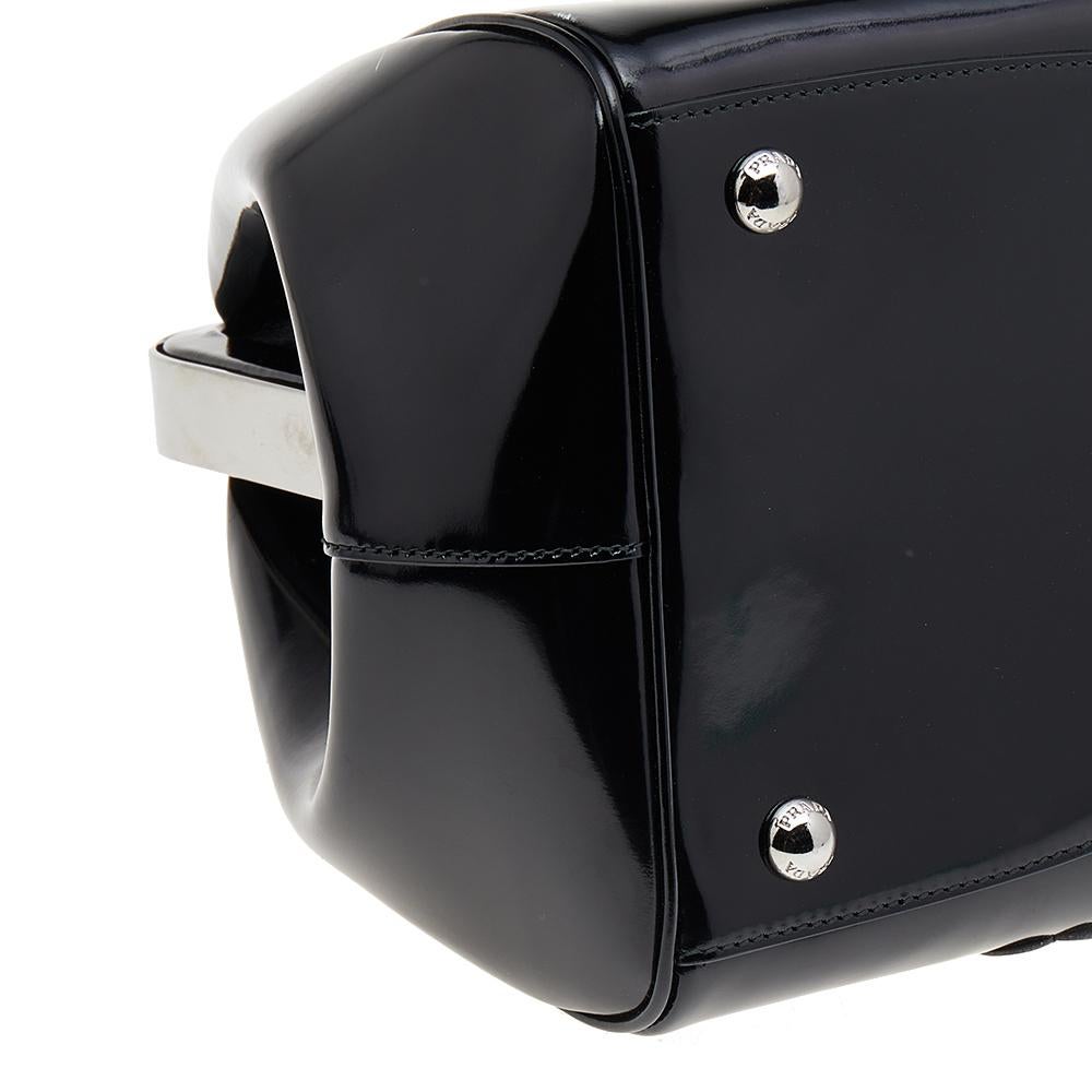 Prada Black Patent Leather Floral Hinge Top Handle Bag 1