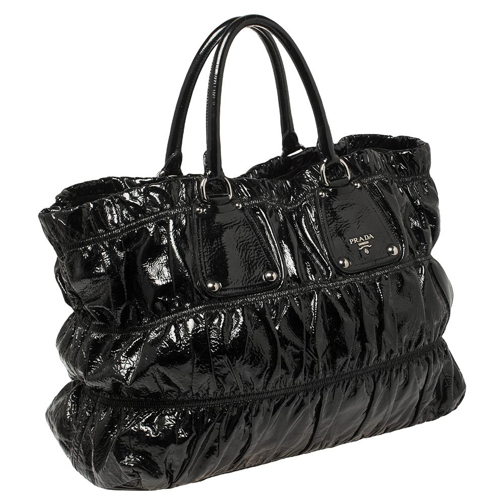 Women's Prada Black Patent Leather Gathered Tote