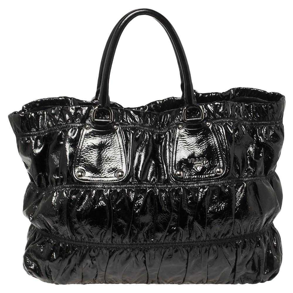 Prada Black Patent Leather Gathered Tote