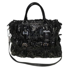Prada Negro Charol Gaufre Ruched Shoulder Bag Tote