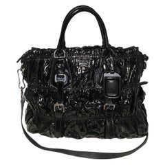 Prada Black Patent Leather Gaufre Ruched Shoulder Bag Tote