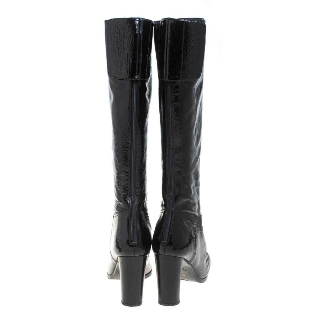 Prada Black Patent Leather Knee Length Boots Size 41 In Good Condition In Dubai, Al Qouz 2