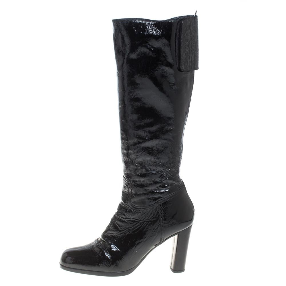 Prada Black Patent Leather Knee Length Boots Size 41 1