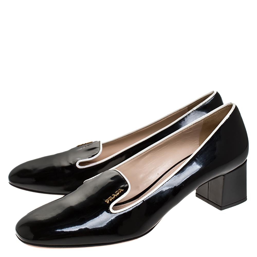 Women's Prada Black Patent Leather Loafer Block Heel Pumps Size 39