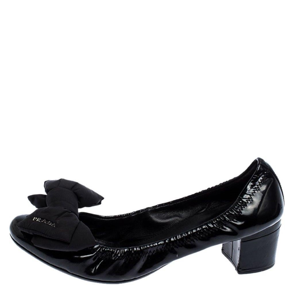 Prada Black Patent Leather Logo Bow Block Heel Pumps Size 39 1