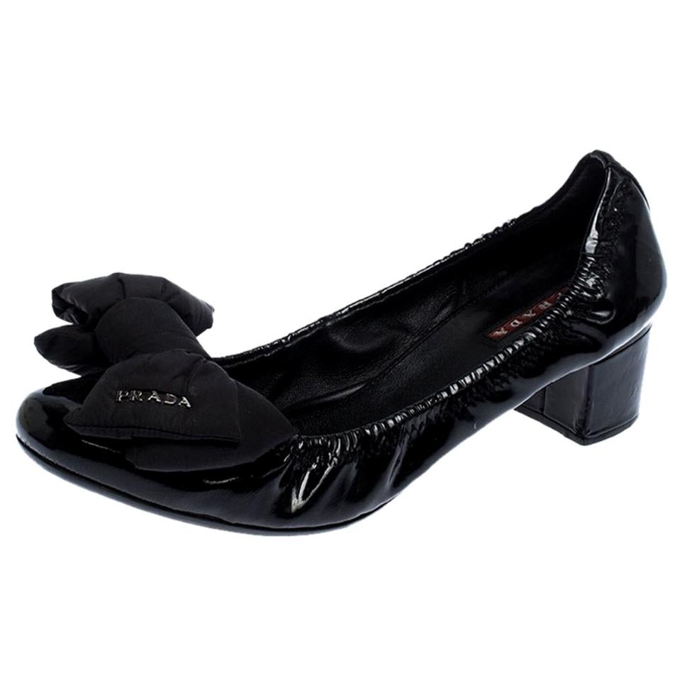 Prada Black Patent Leather Logo Bow Block Heel Pumps Size 39