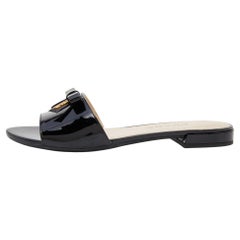 Prada Black Patent Leather Logo Bow Detail Flat Slides Size 36.5