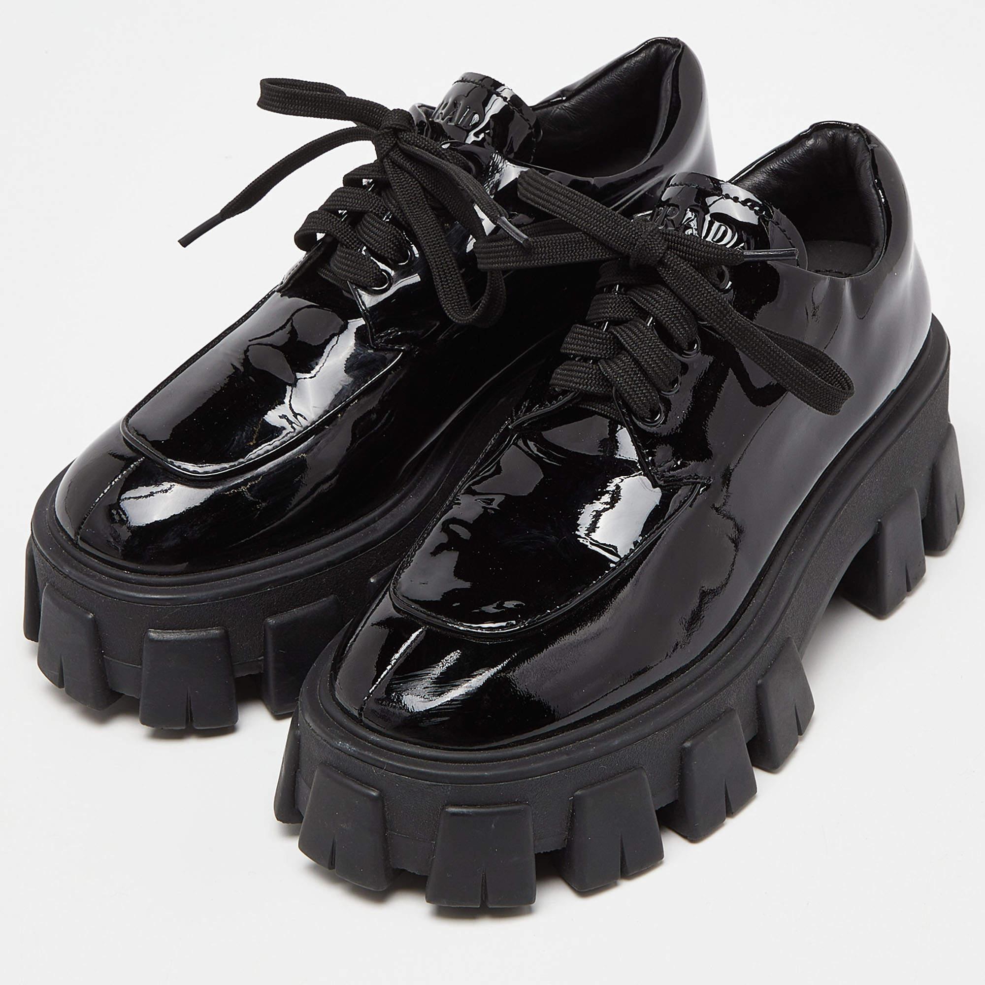 Prada Black Patent Leather Monolith Platform Derby Sneakers Size 36 In Excellent Condition In Dubai, Al Qouz 2