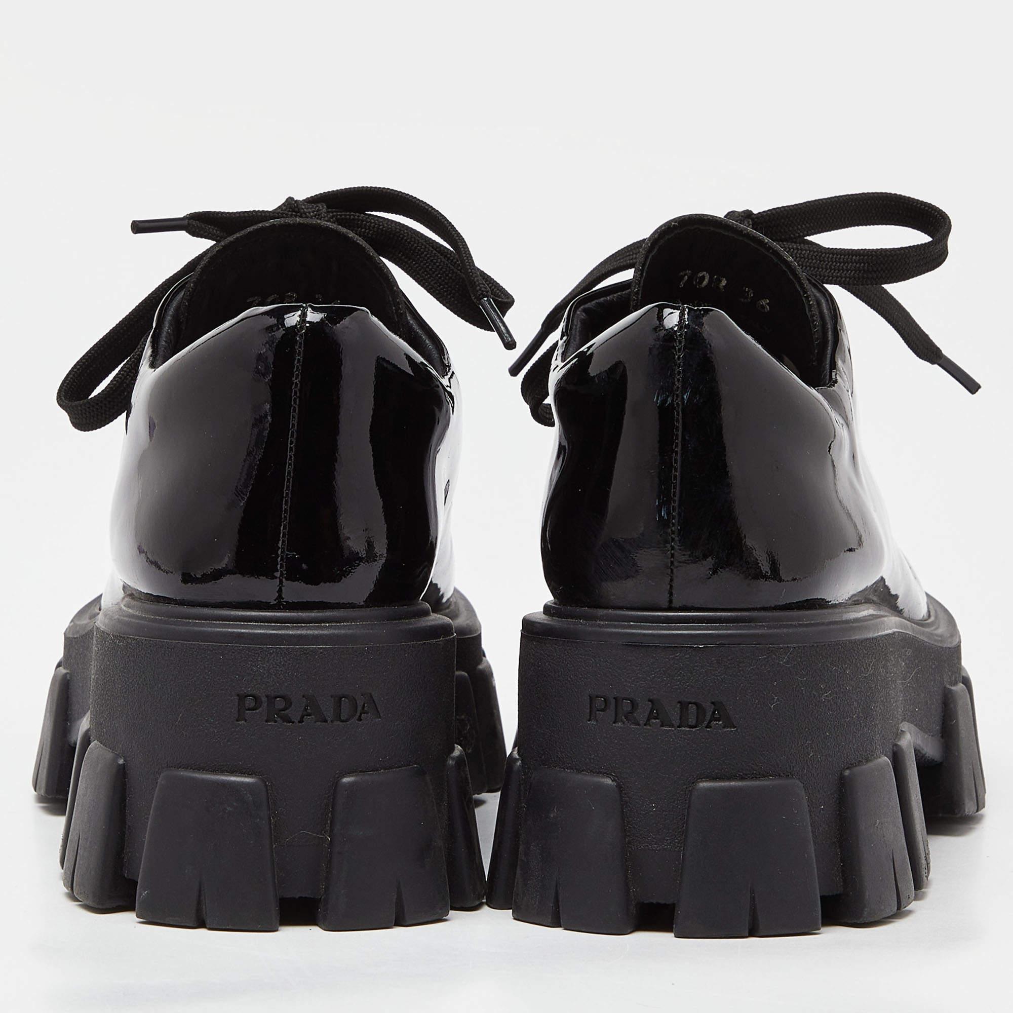 Women's Prada Black Patent Leather Monolith Platform Derby Sneakers Size 36