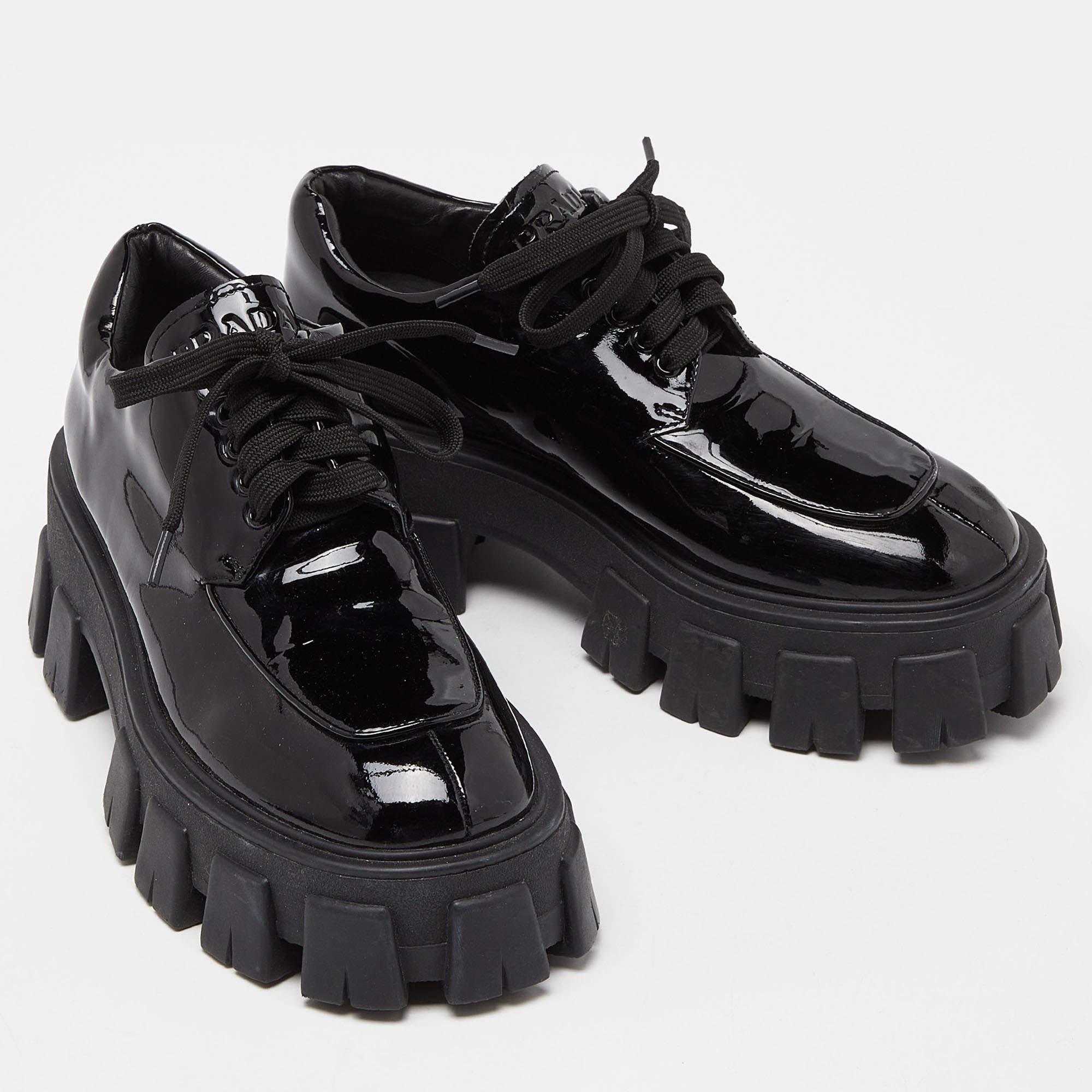 Prada Black Patent Leather Monolith Platform Derby Sneakers Size 36 1
