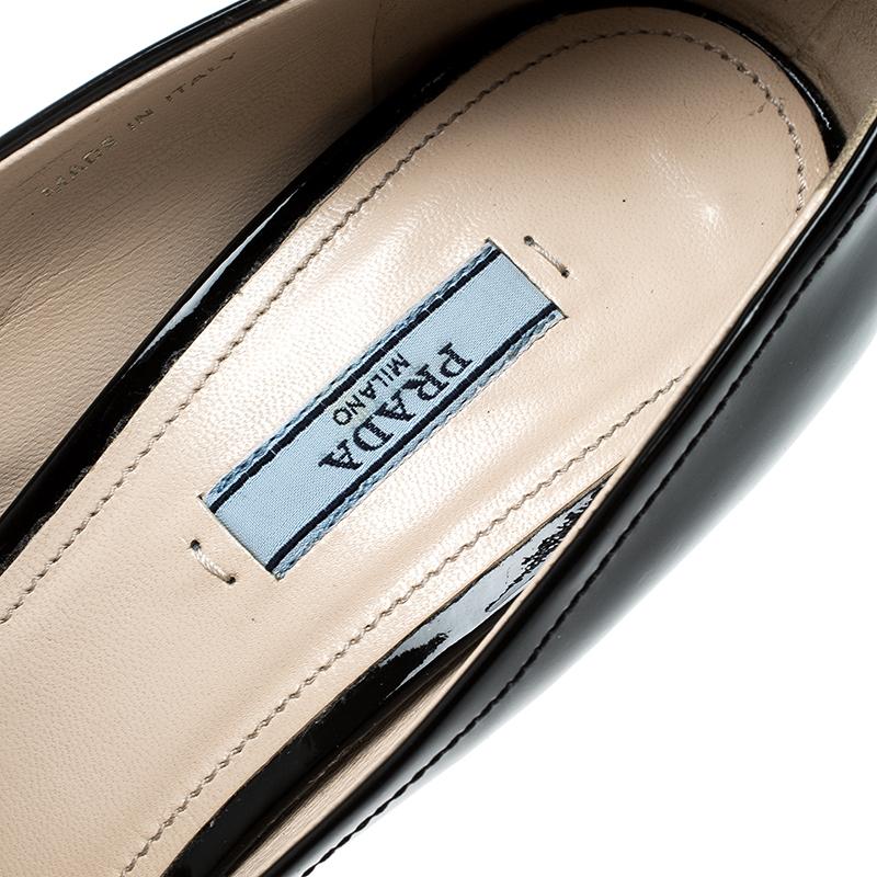 Women's Prada Black Patent Leather Peep Toe Bow Wedge Pumps Size 41