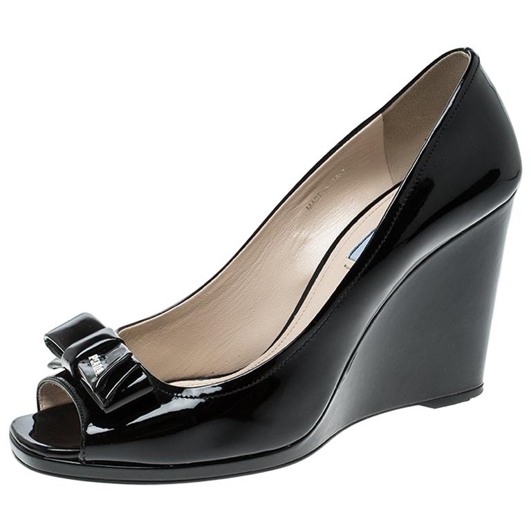 Prada Black Patent Leather Peep Toe Bow Wedge Pumps Size 41