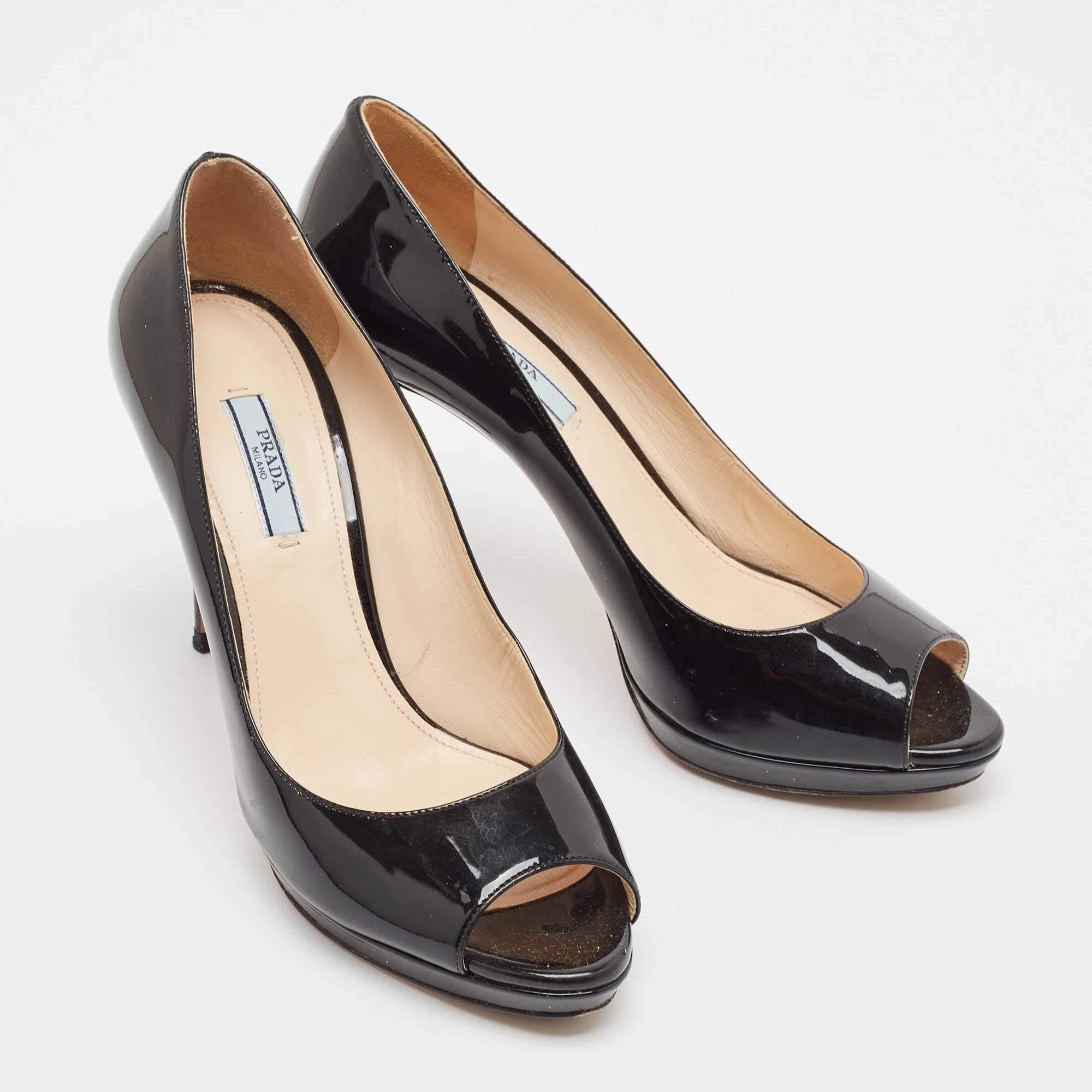 Women's Prada Black Patent Leather Peep Toe Platform Pumps Size 39