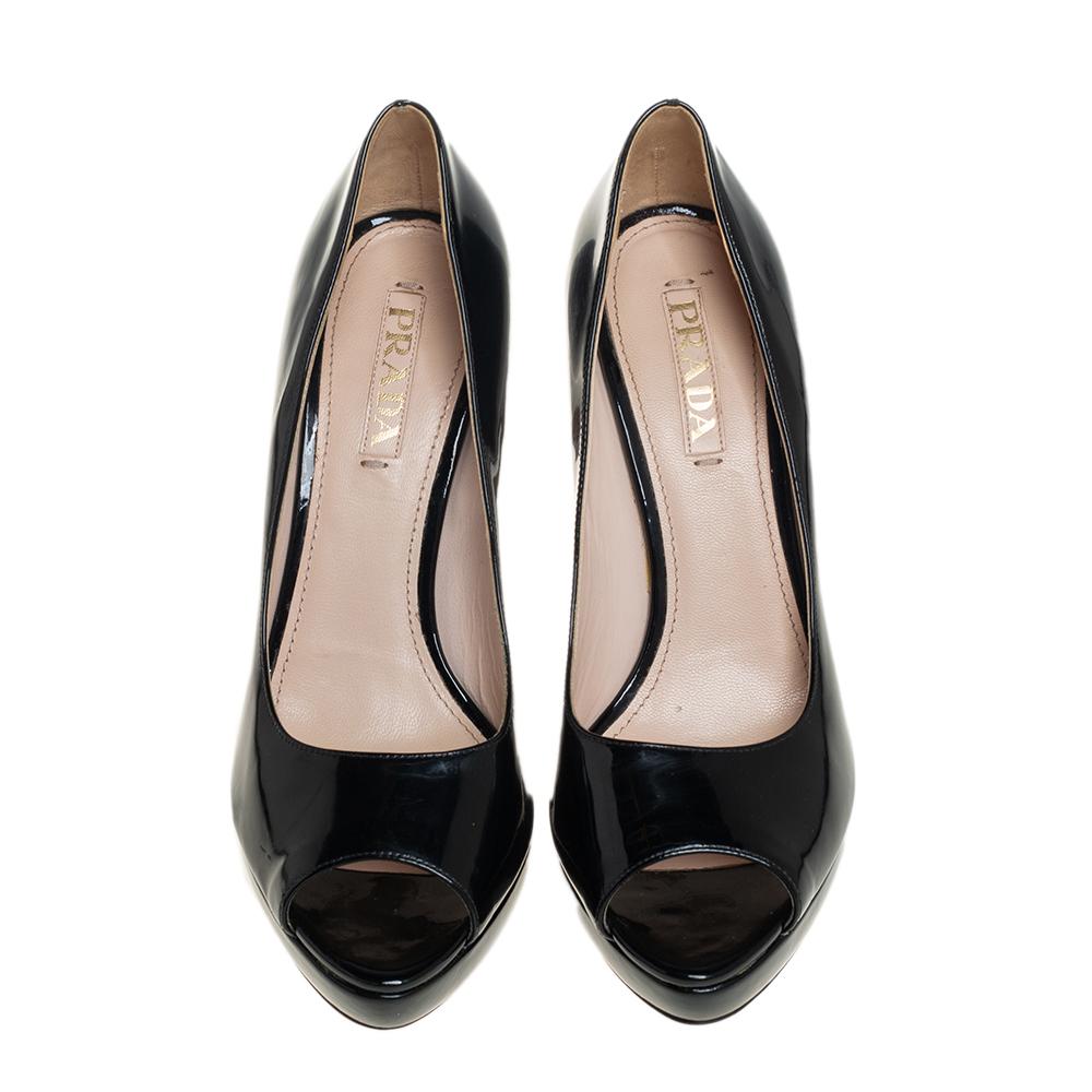 Women's Prada Black Patent Leather Peep Toe Platform Pumps Size 40