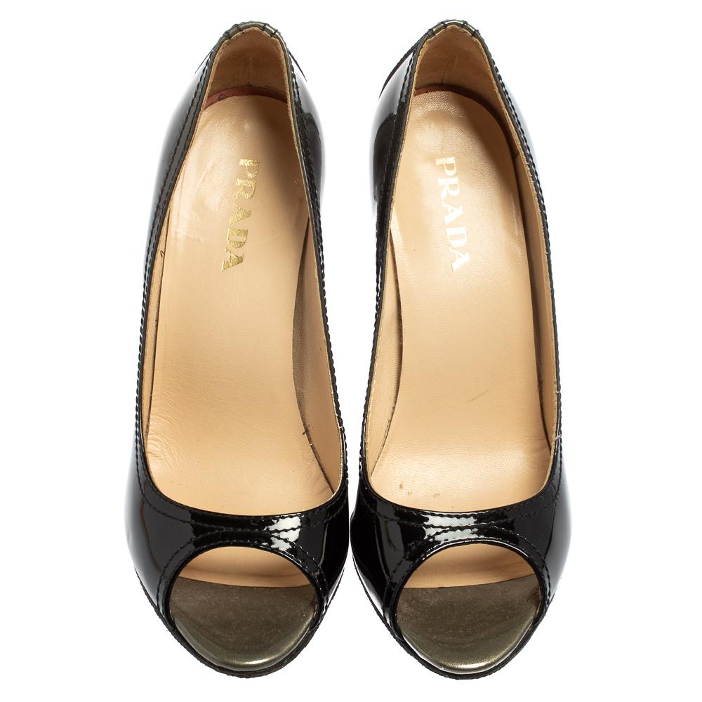 Women's Prada Black Patent Leather Peep Toe Pumps Size 36.5