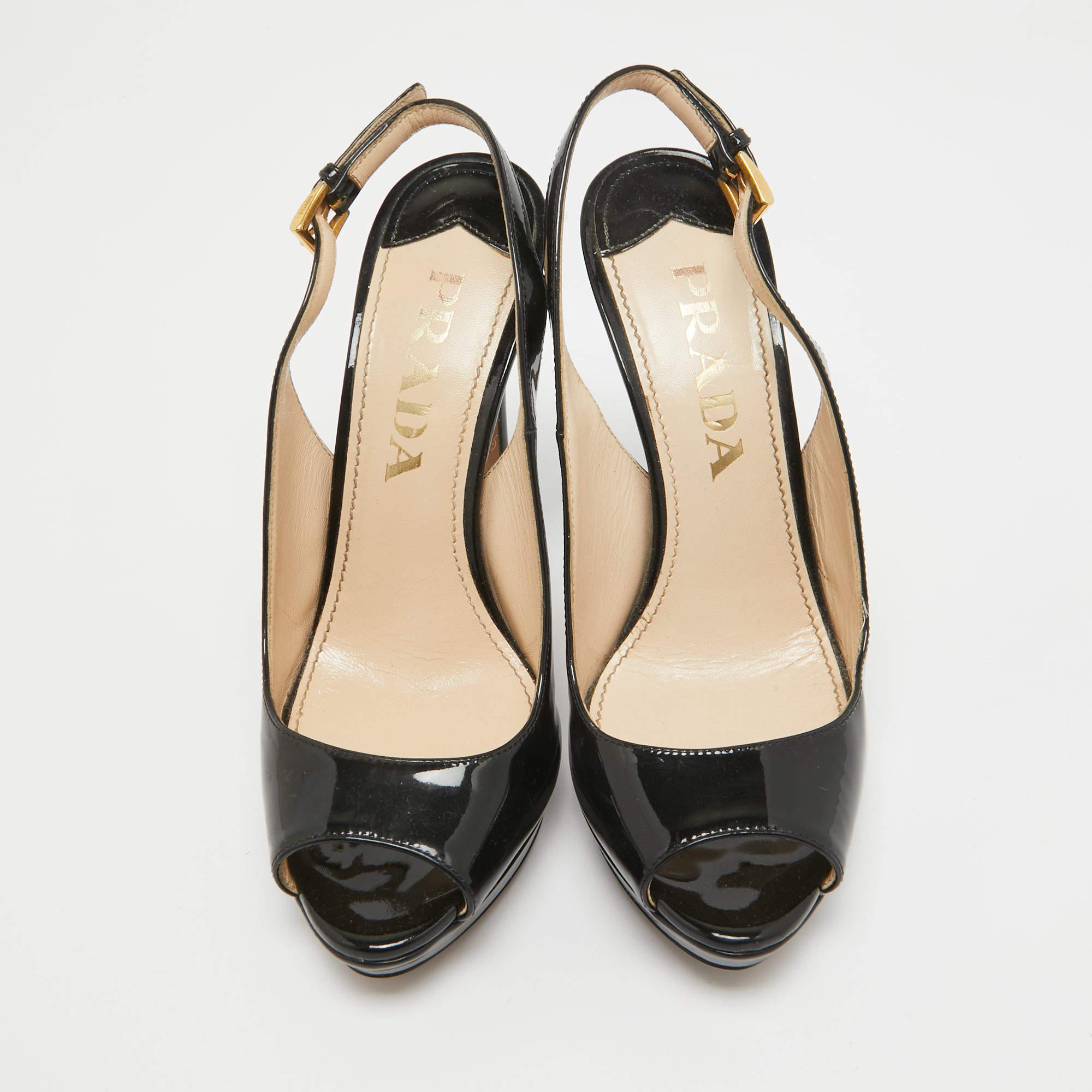 Prada Black Patent Leather Peep Toe Slingback Pumps Size 36.5 In Good Condition In Dubai, Al Qouz 2