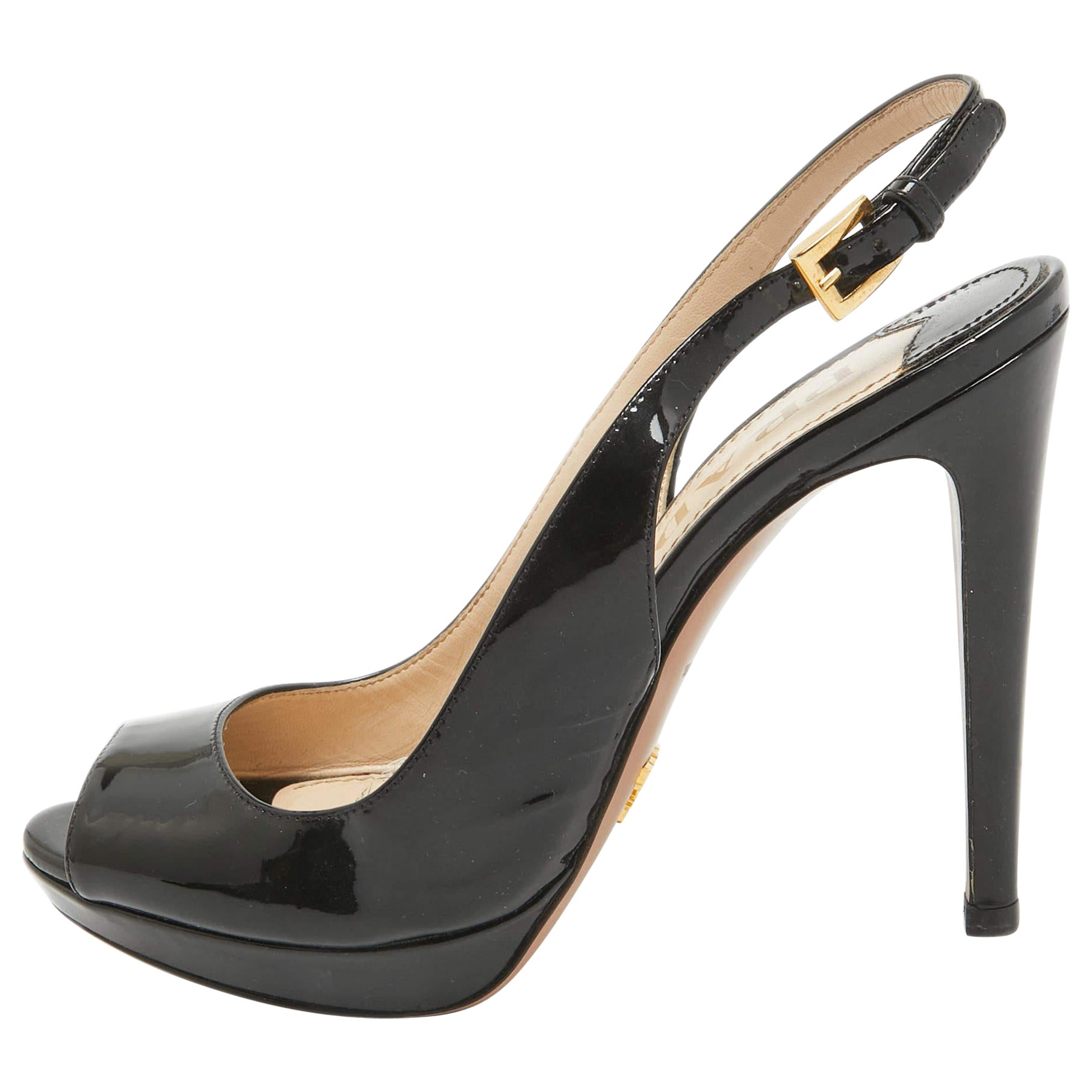 Prada Black Patent Leather Peep Toe Slingback Pumps Size 36.5