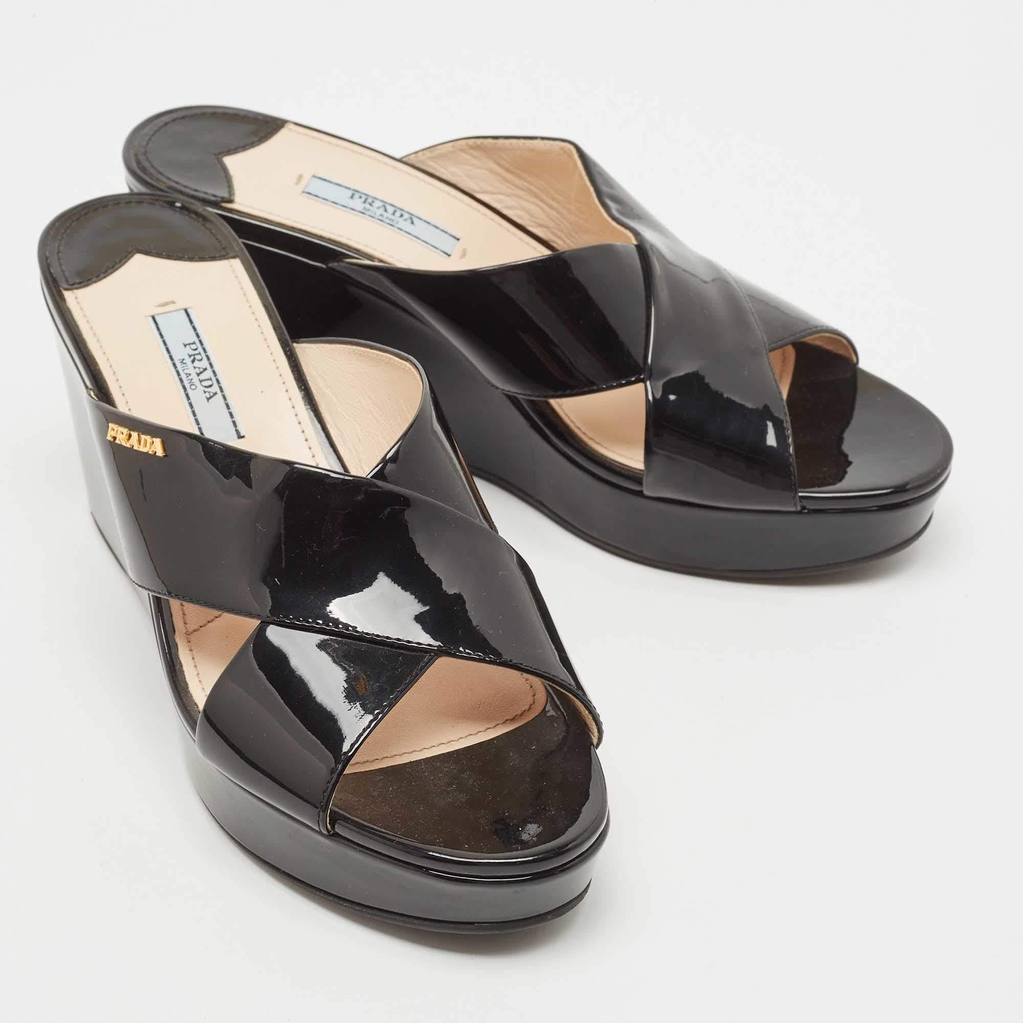 Prada Black Patent Leather Platform Wedge Slide Sandals Size 38 1