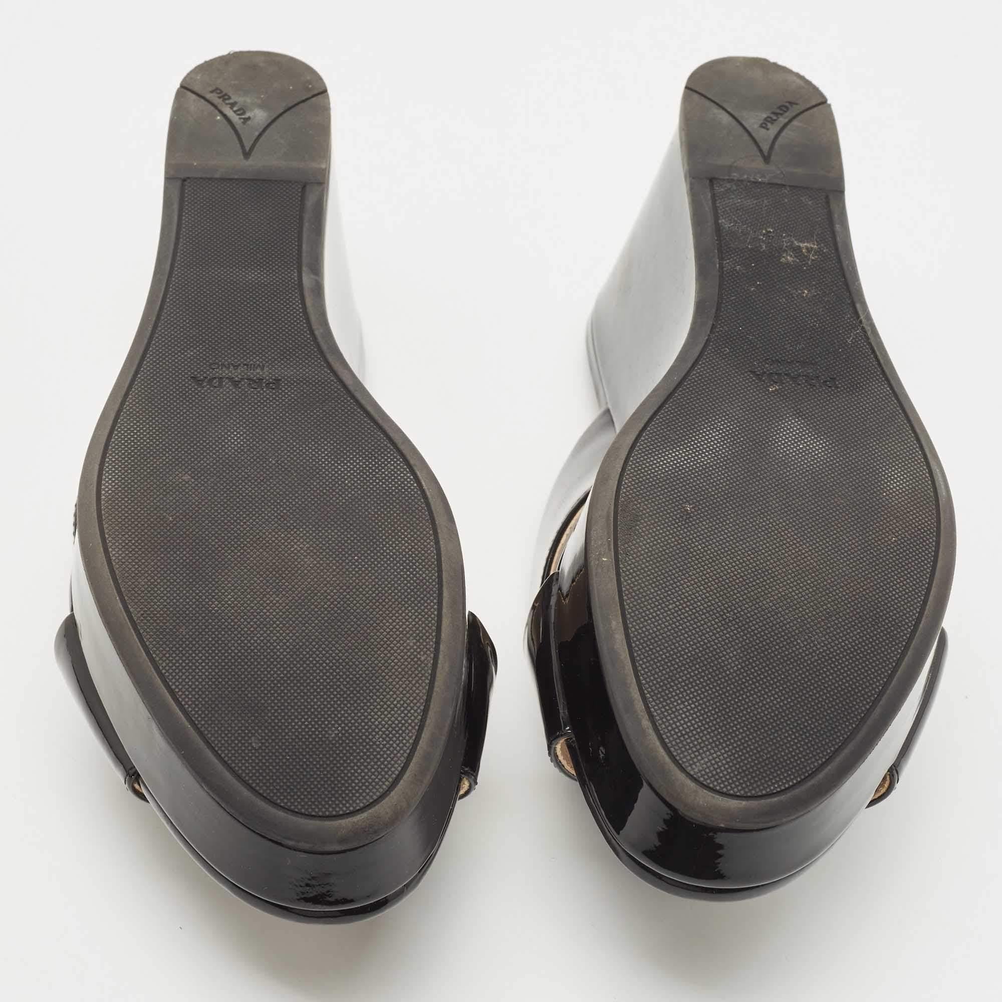 Prada Black Patent Leather Platform Wedge Slide Sandals Size 38 4