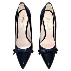 Prada Black Patent Leather Point Toe w/ Small Center Bow & Stiletto Heel Shoes