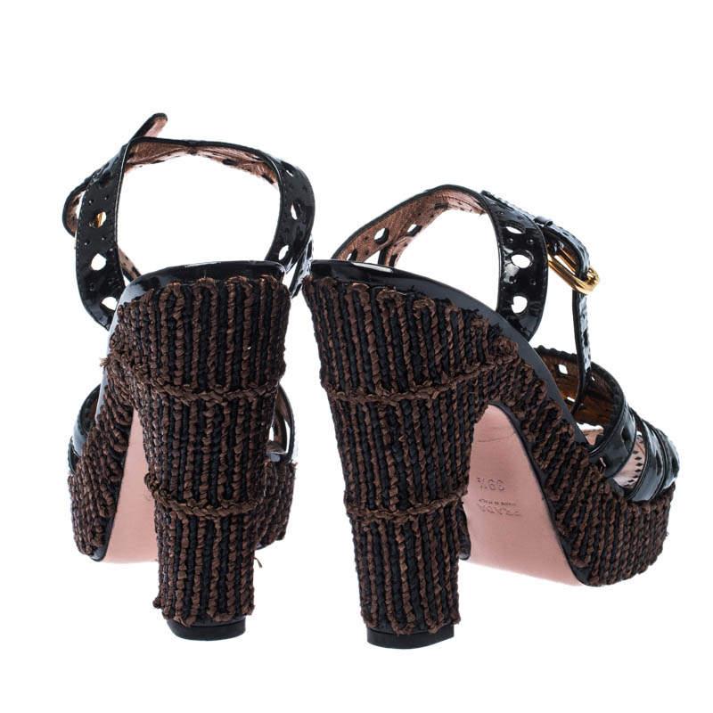 Prada Black Patent Leather Raffia Platform Ankle Strap Sandals Size 39.5 1