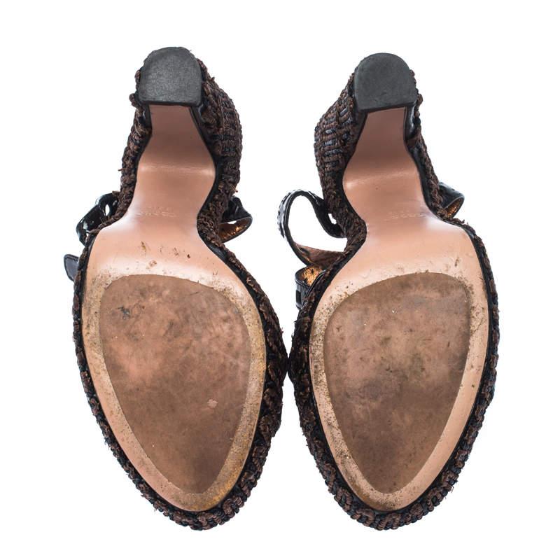 Prada Black Patent Leather Raffia Platform Ankle Strap Sandals Size 39.5 2