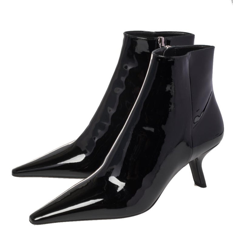 Prada Black Patent Leather Slanted Heel Pointed Toe Ankle Boots Size 37 ...