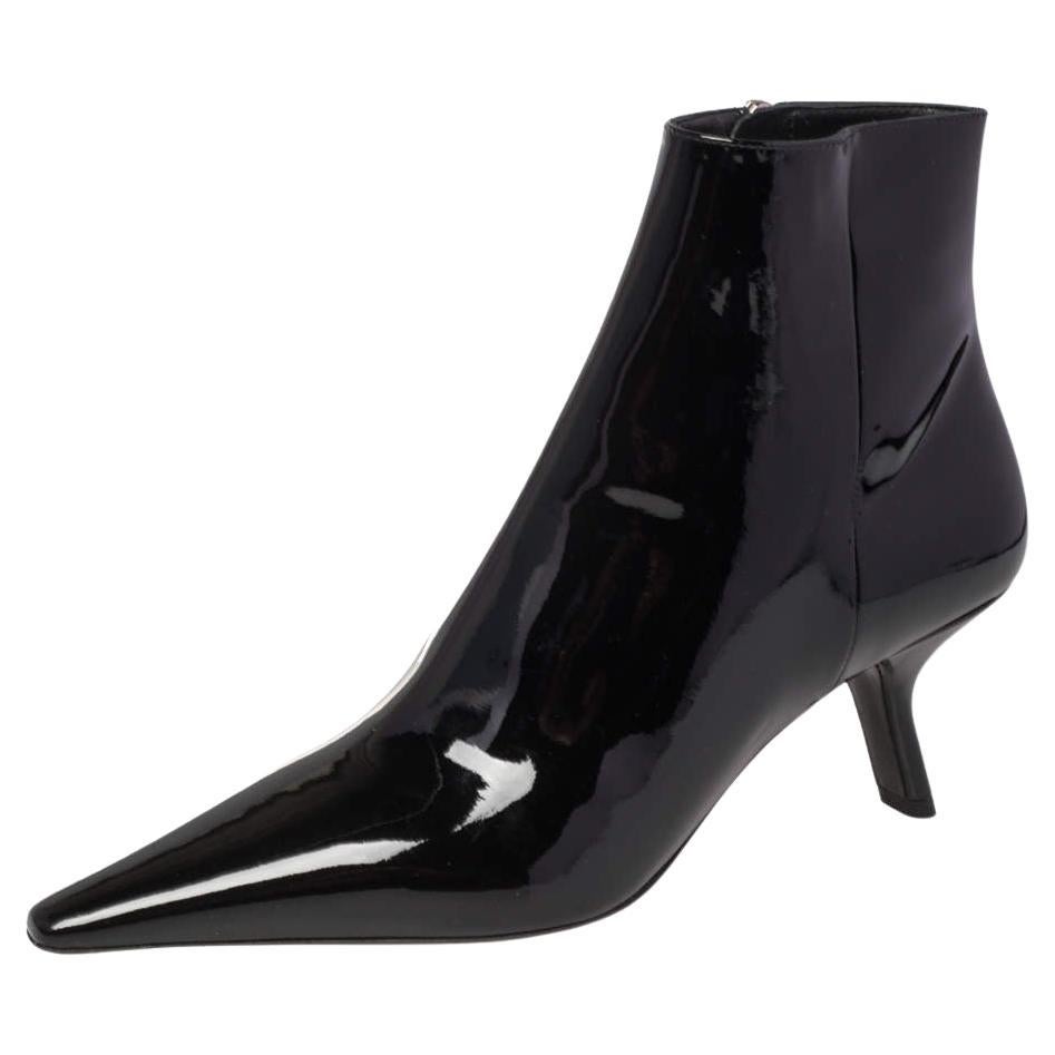 Prada Black Patent Leather Slanted Heel Pointed Toe Ankle Boots Size 37