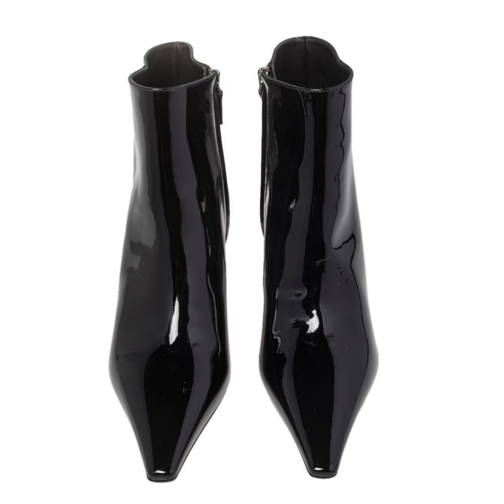 Prada Black Patent Leather Slanted Heel Pointed Toe Ankle Boots Size 38 In New Condition In Dubai, Al Qouz 2