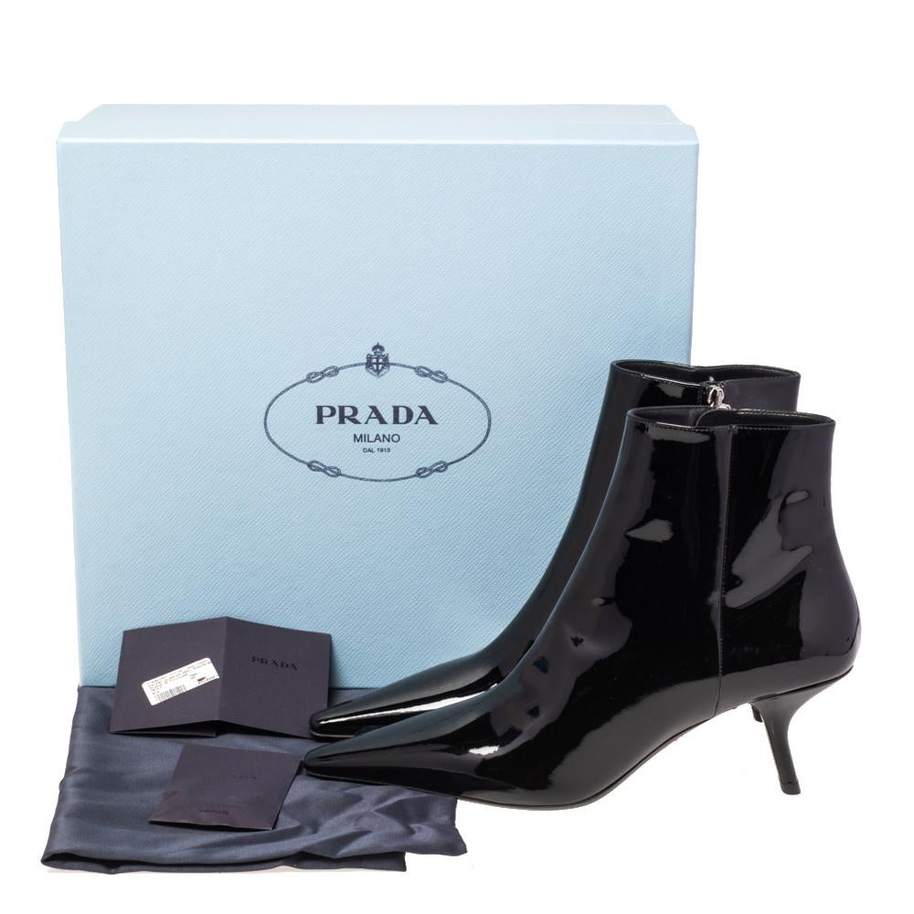 Women's Prada Black Patent Leather Slanted Heel Pointed Toe Ankle Boots Size 38