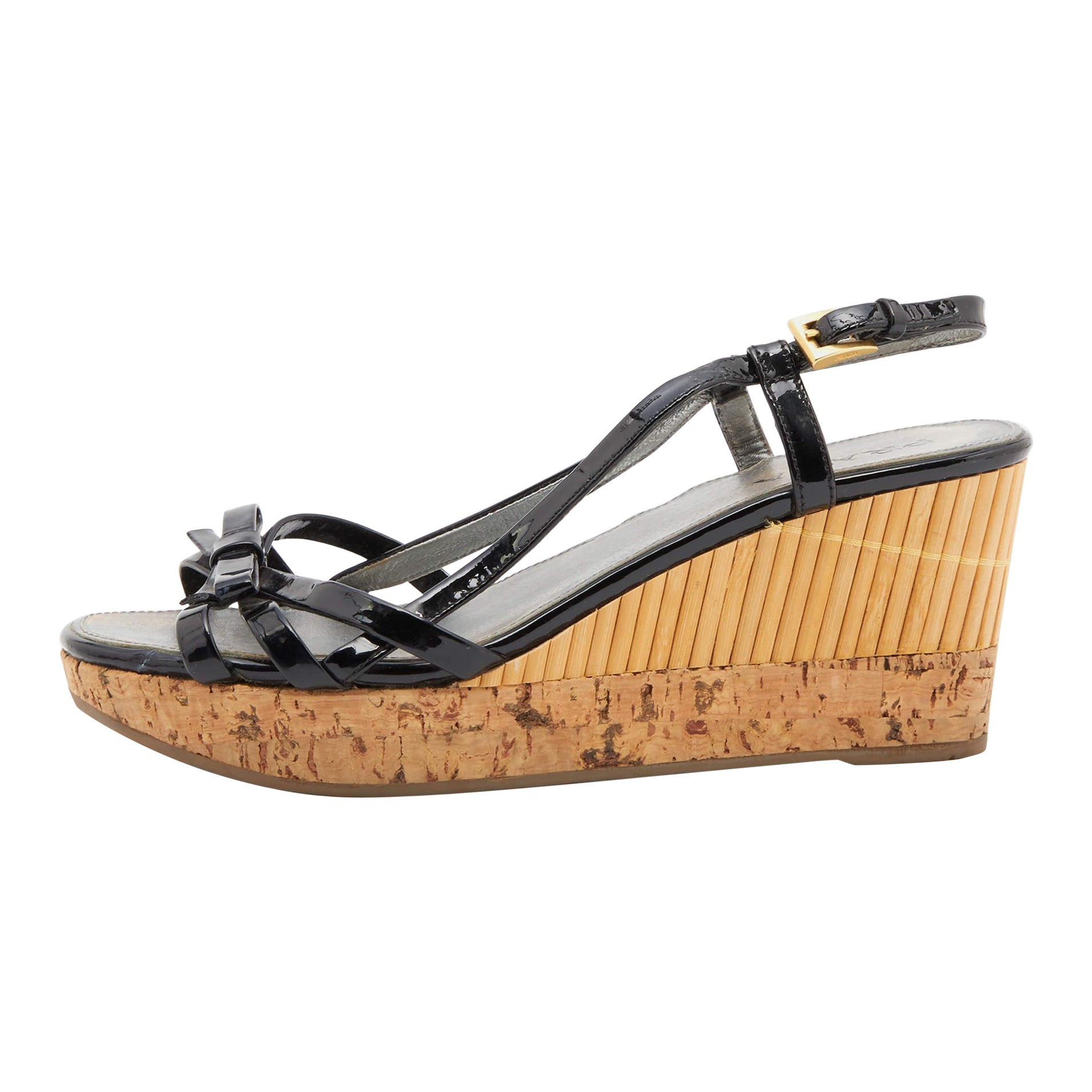 Prada Black Patent Leather Strappy Bow Platform Wedge Sandals Size 36