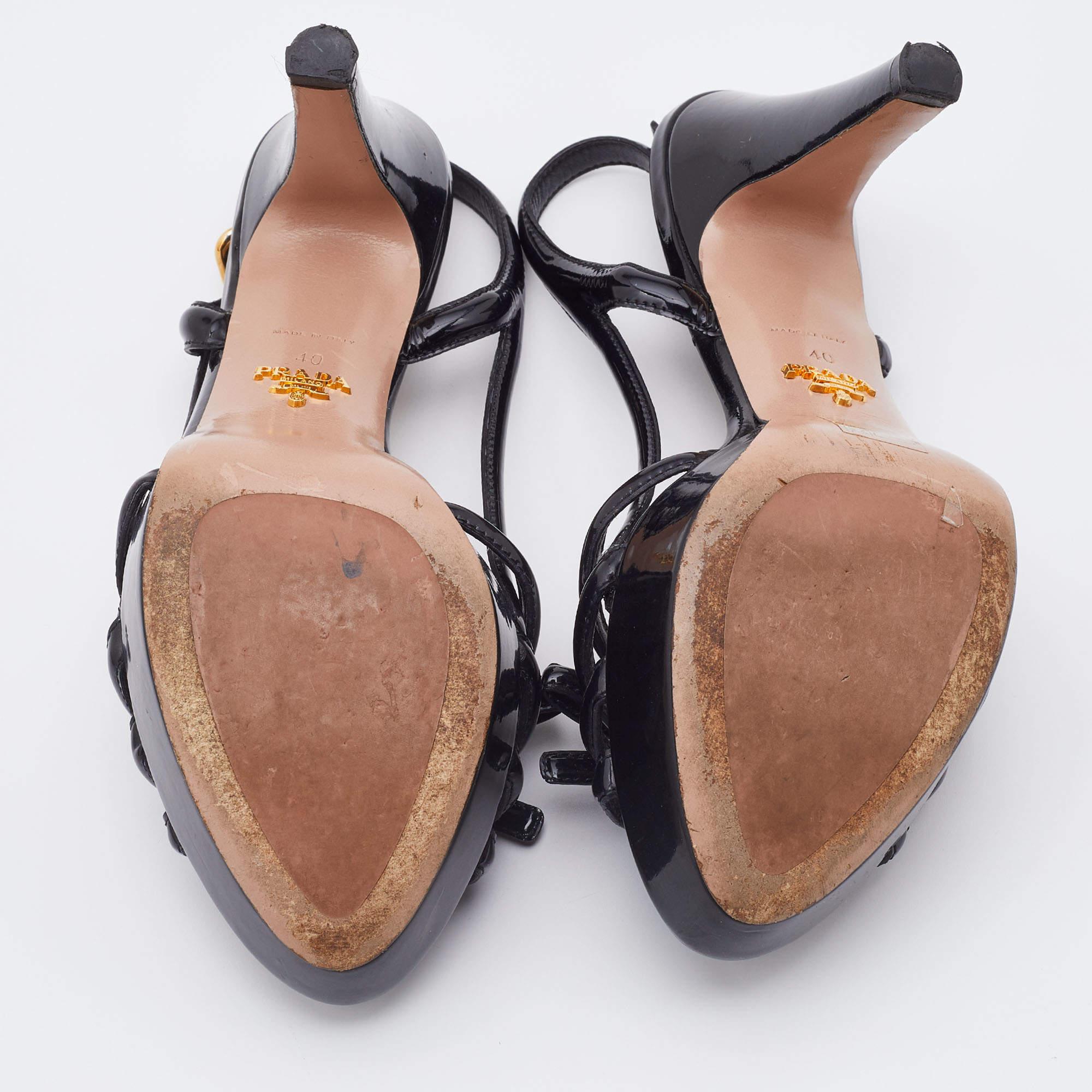 Prada Black Patent Leather Strappy Platform Sandals Size 40 4